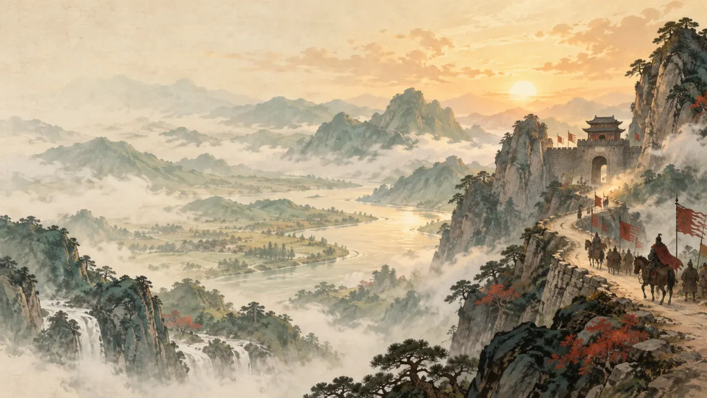 水墨山河：一条大河穿过群山，军队沿崖道走向关隘